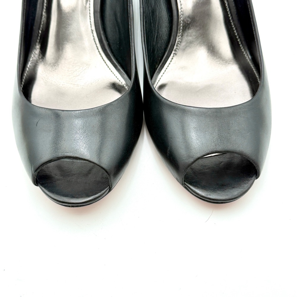 Coach Black Leather Peep Toe Wedge Pumps Embossed Logo Heel 7.5B - Picture 6 of 9